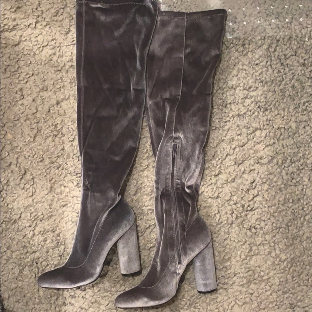 Grey velvet over knee high heeled boots